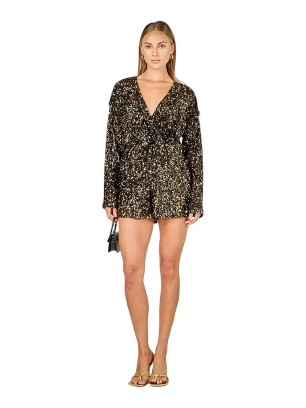 Endless Rose Black and Gold Sequin Long Sleeve Romper